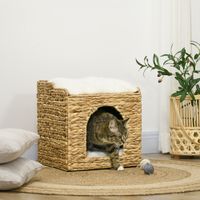 Rattan Katzenhaus, Katzenhöhle mit Kissen, Katzenhütte mit 2 Ebenen