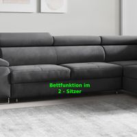 Ecksofa Monaco Samt Grau mit Bettkasten Kopfteilverstellung Ottomane rechts, verstellbar
