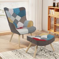 Skandinavischer Relaxsessel mit Hocker Stoffbezug Patchwork - ca. 96 x 76 x 69 cm - Mehrfarbig