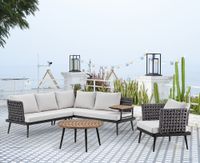 13tlg. Gartenmöbel Lounge-Set mit Sofa & Coffee Table aus Rope - Grau mit Teakholz