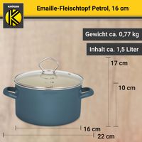 Emaillierter Fleischtopf Petrol mit Glasdeckel, 16 cm