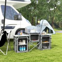 Campingküche klappbar, Outdoor Küche mit Windschutz, 3 Schränkfach
