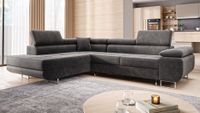 Ecksofa Monaco Samt Grau mit Bettkasten Kopfteilverstellung Ottomane links, verstellbar