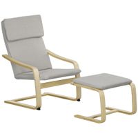 Relaxsessel mit Hocker, Armlehnen, Leinenoptik, Holzgestell, Hellgrau