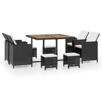 19tlg. Dining-Set mit Holztischplatte inkl. Polsterauflagen aus Poly-Rattan - Schwarz/Creme