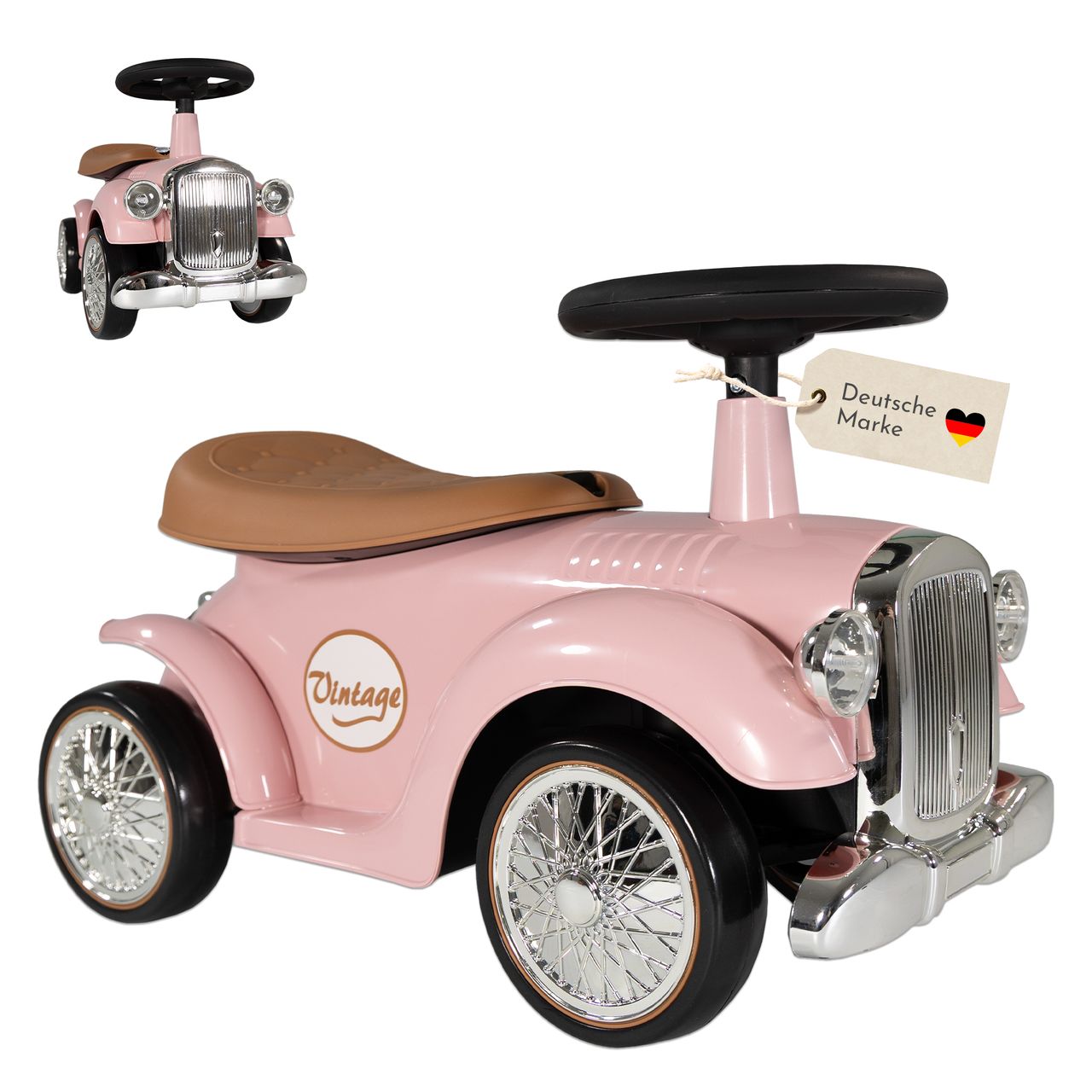Lemodo Rutschauto ab 1 Jahr, Kinderauto im Retrodesign pink, Kinderfahrzeug mit Hupe