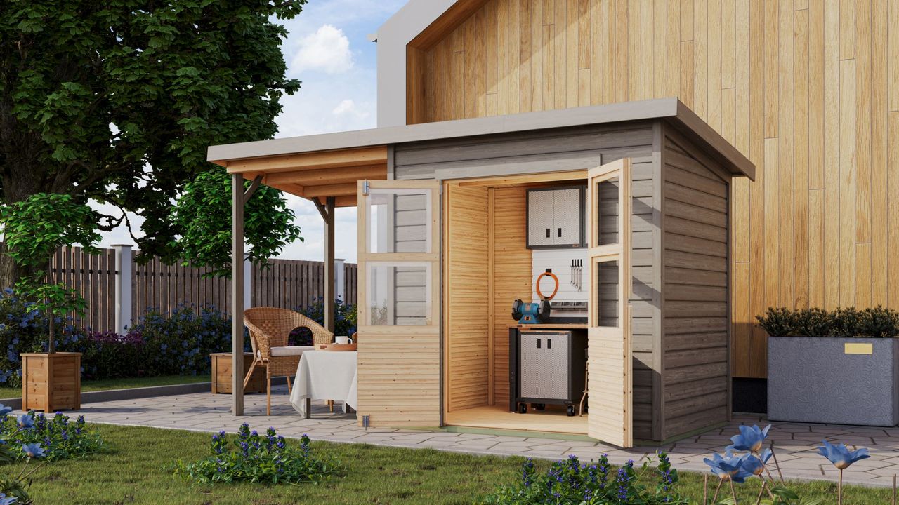 Karibu Gartenhaus Stelle 3 mit Anbaudach