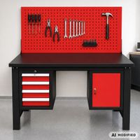 Werkbank mit 3 Schubladen, 1 Tür und Lochrückwand, 150 x 75 x 80 cm 