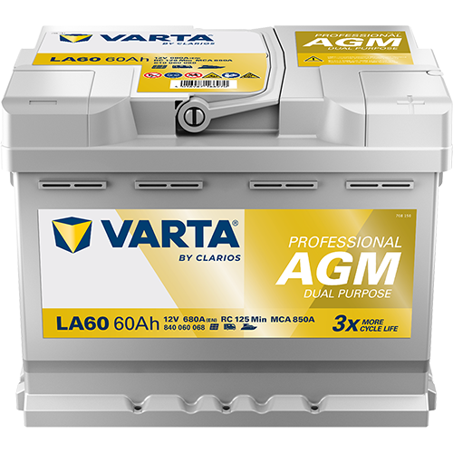 VARTA Professional AGM LA60 Batterie 840060068K312, LA60, 12 V, 60 Ah, 680 A
