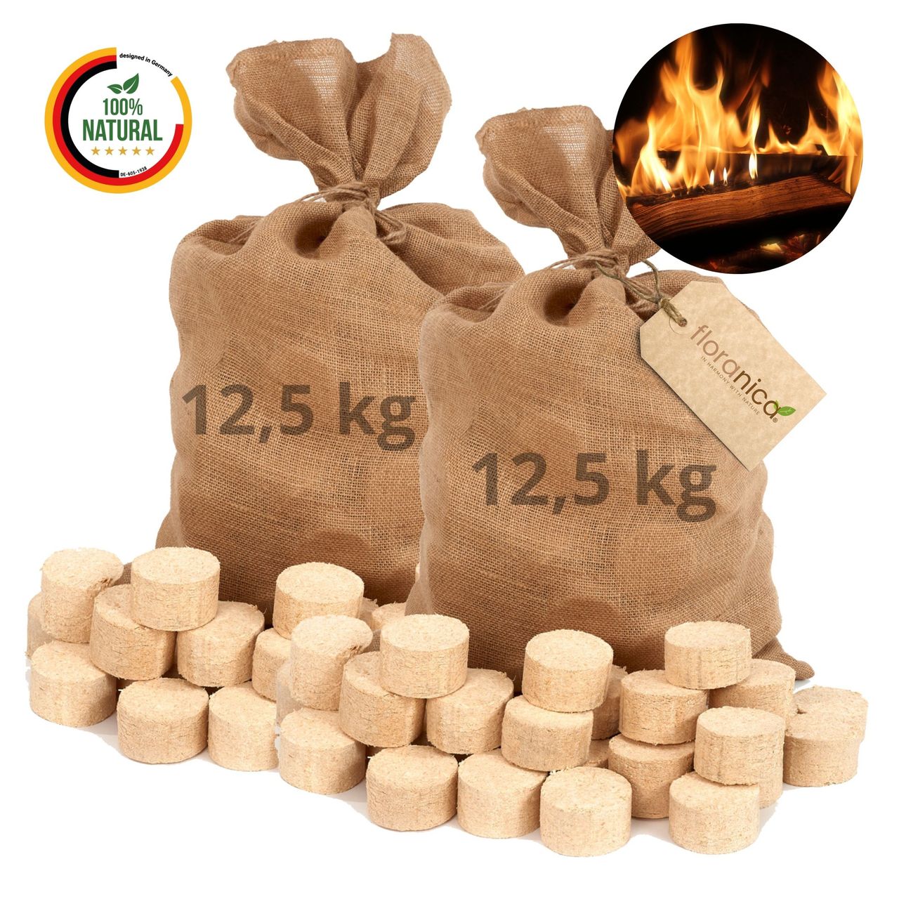 Pemicont Holzbriketts 100% Gepresste Rundholzbriketts 2 x 12,5kg im Jutesack Brikett Hohe Brennwert Raucharm