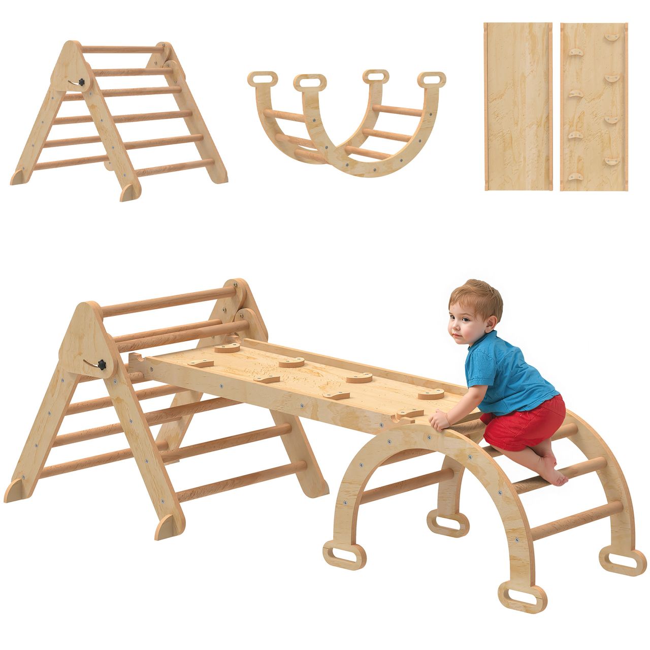 AIYAPLAY 7-in-1 Montessori Klettergerüst Indoor, faltbar Holz Kletterdreieck mit Rutsche