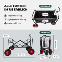 Bollerwagen faltbar, Handwagen mit 120 kg Zuladung, Leiterwagen mit Luftreifen, schwarz