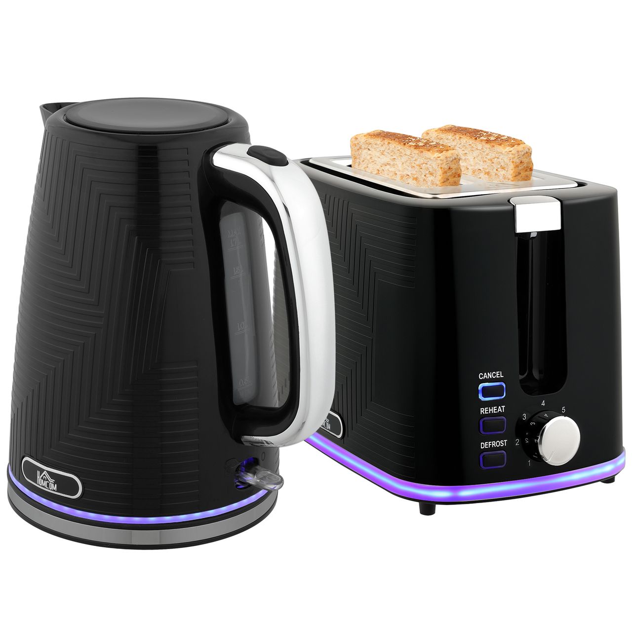 HOMCOM Wasserkocher Toaster Set Edelstahl 1,7L Wasserkocher 2 Scheiben Toaster Schwarz