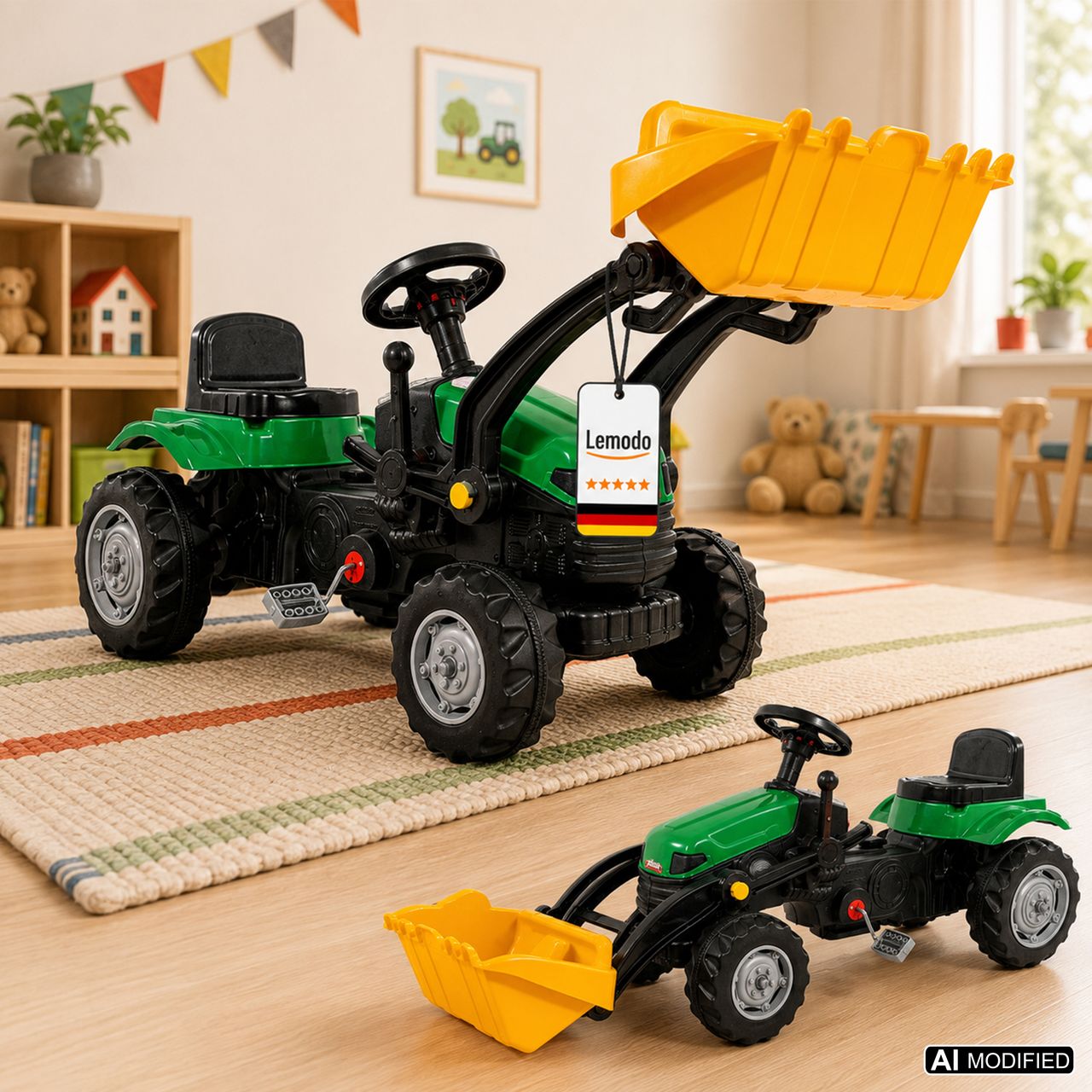 Lemodo Trettraktor mit Schaufel grün, Kinder Traktor ab 3 Jahre, Traktor zum draufsitzen