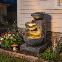 Springbrunnen 3-stufig Gartenbrunnen mit LED Beleuchtung Pumpe Steinoptik