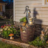 Springbrunnen 4-stufig rustikal Gartenbrunnen mit LED Beleuchtung Pflanzkübel