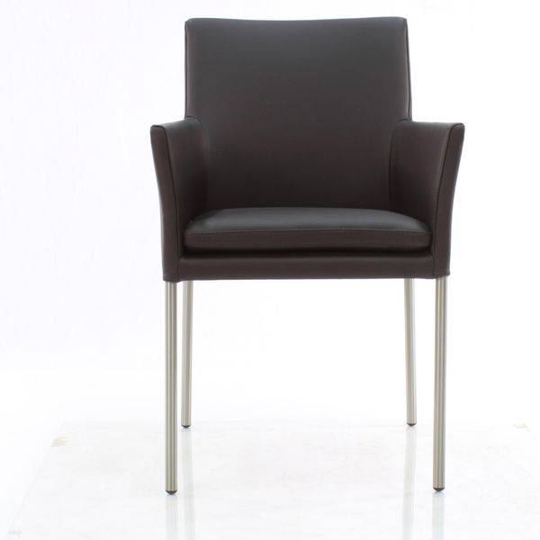 SIX Echtleder Esszimmerstuhl - Ricco Braun mit Armlehne und Edelstahlrahmen - Design ideal für Esszimmer, Küche & Wohnzimmer - Fertig montiert, bis 150 kg - Gastronomie-Qualität | Lederstühle Esszimmer-Stühle kaufen bei