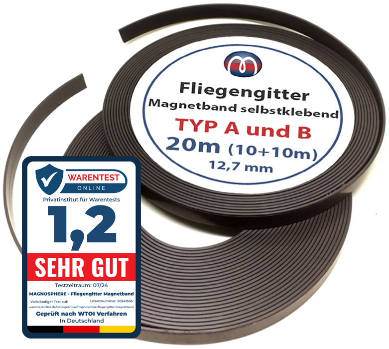 Typ A + B Magnetband stark selbstklebend für Fliegengitter 12,7mm x 1,5 mm je 10m
