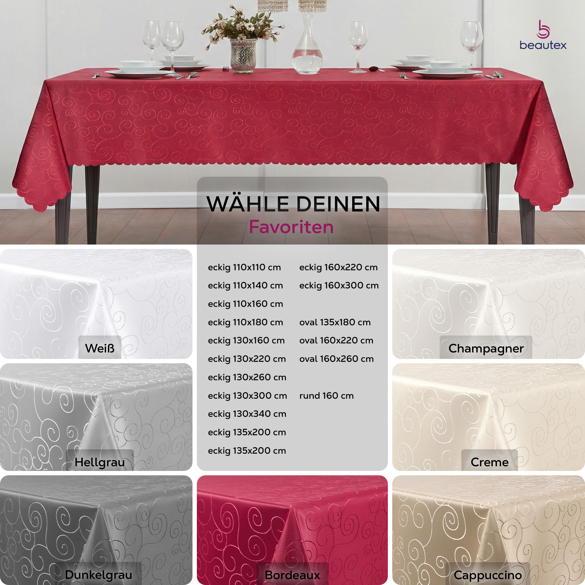 Beautex Damast Tischdecke Ornamente bügelfrei fleckenabweisend pflegeleicht