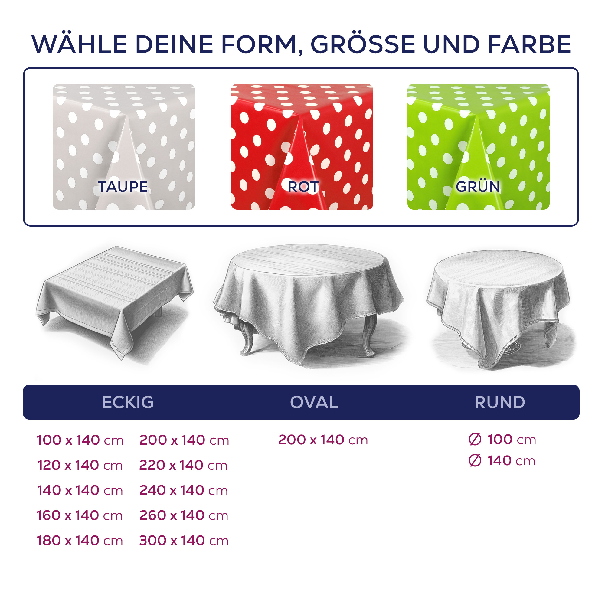 Punkte Wachstuchtischdecke OVAL RUND ECKIG, Farbe u. Größe wählbar, Tischdecke Wachstuch abwischbar | Beautex