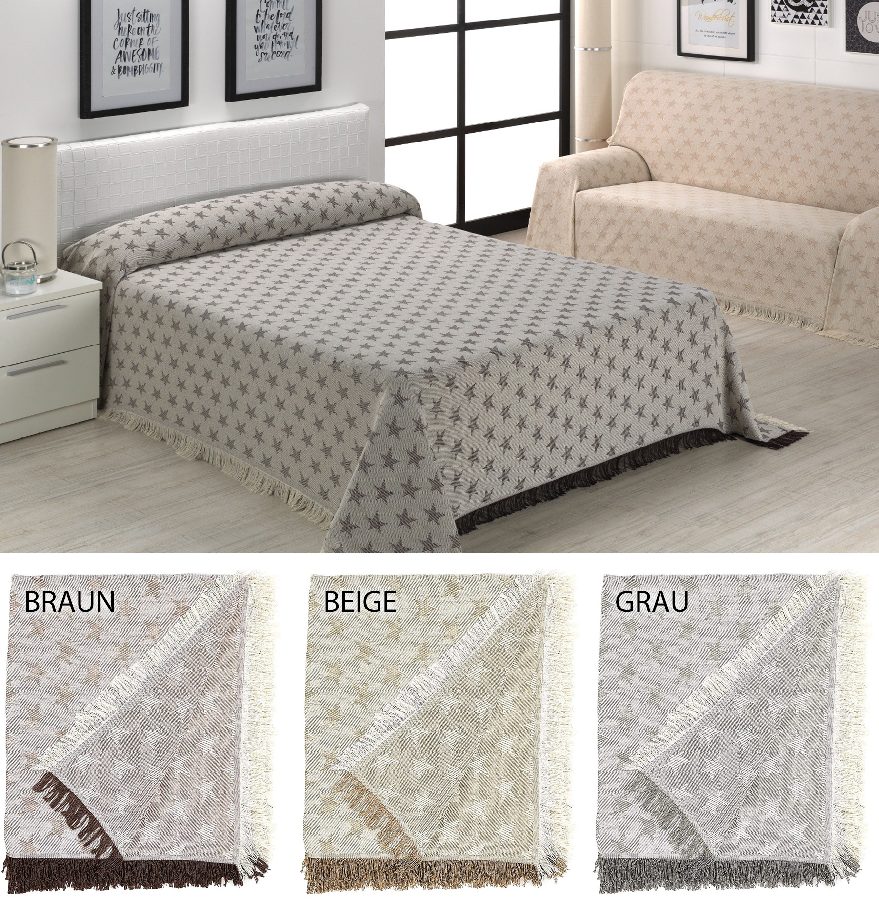 Tagesdecke - Wohnzimmer Decke aus Baumwolle in 180x260 oder 230x260 - Praktischer Überwurf als Sofadecke oder Couchdecke