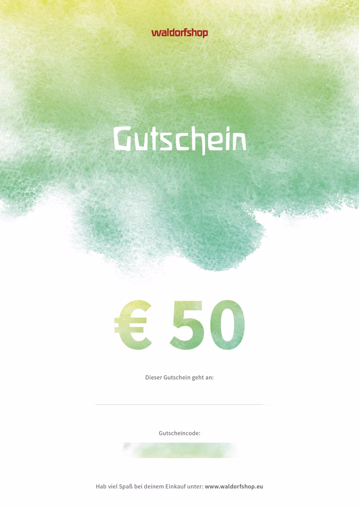 Waldorfshop Gutschein über 50 digital_14418 Der "Gutschein über 50 digital" von Waldorfshop ist ein grüner aquarellierter 50-Euro-Gutschein mit dem Schriftzug "Gutschein" auf der Oberseite und Feldern zur Eingabe des Empfängers und des Codes.