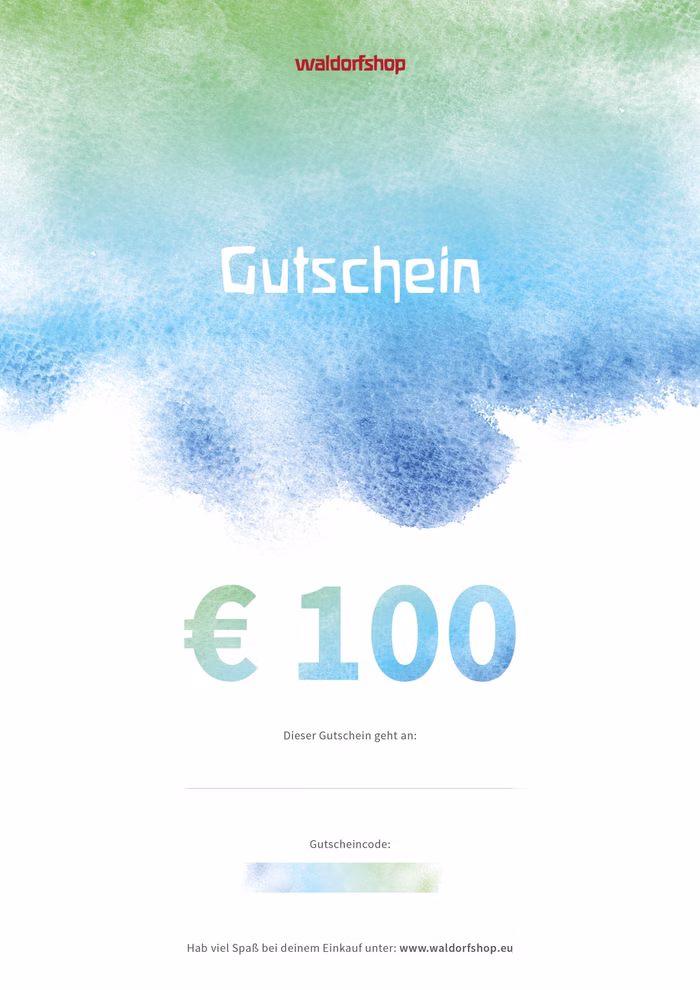 Waldorfshop Geschenk Gutschein 100 digital_14419 Der Geschenk Gutschein 100 digital von Waldorfshop zeigt einen aquarellierten blau-grünen Hintergrund fette tealfarbene 100 € "Gutschein" in großer Schrift und Platz für Empfänger und Code.