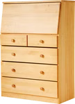 Der Livipur Luisa Bio-Erlenholz-Sekretär von Livipur ist eine helle Holzkommode mit vier großen Schubladen zwei kleinen oberen Schubladen mit runden Knöpfen und einem schrägen Klappfach auf der Oberseite.