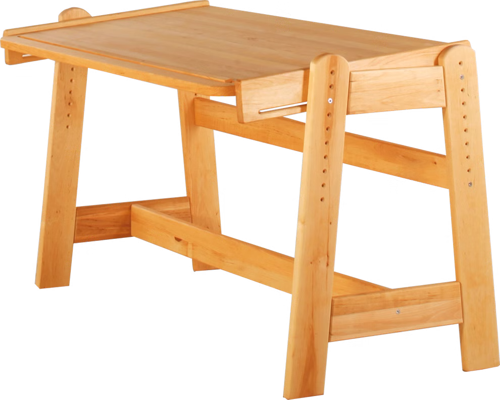 Livipur Livipur Emilia Schreibtisch _2743 Der Livipur Emilia Schreibtisch von Livipur zeichnet sich durch sein Holzdesign mit schräger Platte höhenverstellbaren Seitenteilen und stabilen Querstreben aus hier im Innenbereich auf einem grauen Fliesenboden.