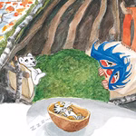 In "Plupp im Winter" von Urachhaus lugen ein kleines weißes Tier und ein blaues Wesen mit roter Zeichnung aus einem grasbewachsenen Unterstand hervor während draußen ein Tigerjunges in einem Korb schläft gezeigt von Zzz.