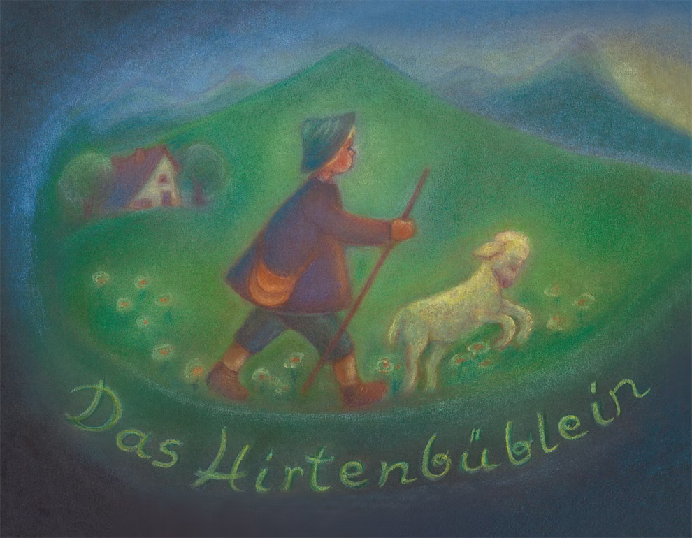 Mellinger Verlag Das Hirtenbüblein Ruth Elsässe_3670 Eine farbenfrohe Zeichnung zeigt einen Hirtenjungen mit einem Stock der neben einem Lamm auf grünen Hügeln mit einem kleinen Haus im Hintergrund spazieren geht. Am unteren Rand steht in grüner Schrift "Das Hirtenbüblein Ruth Elsässe" vom Mellinger Verlag.