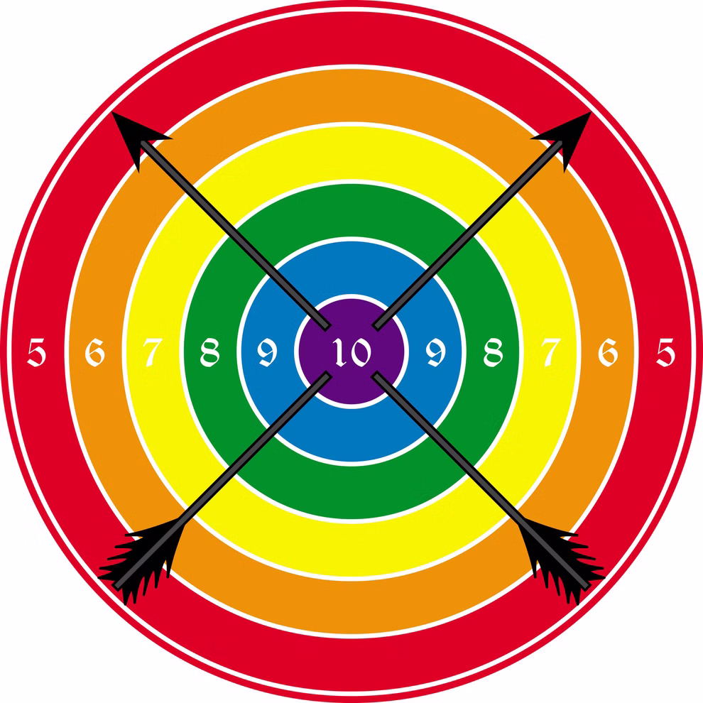 Spielzeugmanufaktur VAH Zielscheibe Ø 41 cm_3719 Die Spielzeugmanufaktur VAH Zielscheibe Ø 41 cm ist eine farbenfrohe Regenbogenscheibe mit den Zahlen 5-10 in weiß auf jeder Seite und zwei schwarzen Pfeilen die sich im lila Bullseye in der Mitte kreuzen.