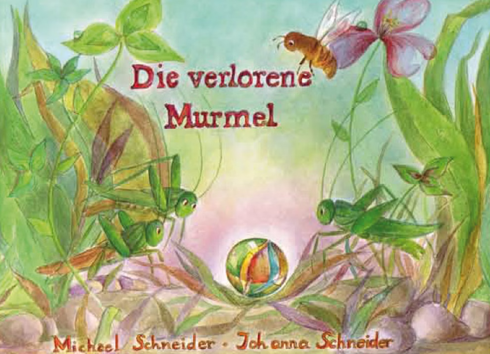 Mellinger Verlag Die verlorene Murmel Michael und Johanna Schneider_3921 Das Buch "Die verlorene Murmel Michael und Johanna Schneider" aus dem Mellinger Verlag hat ein deutsches Cover mit zwei grünen Heuschrecken einer Biene und einer Murmel inmitten von Gras und Blumen; als Autoren sind Michel Schneider und Johanna Schneider a