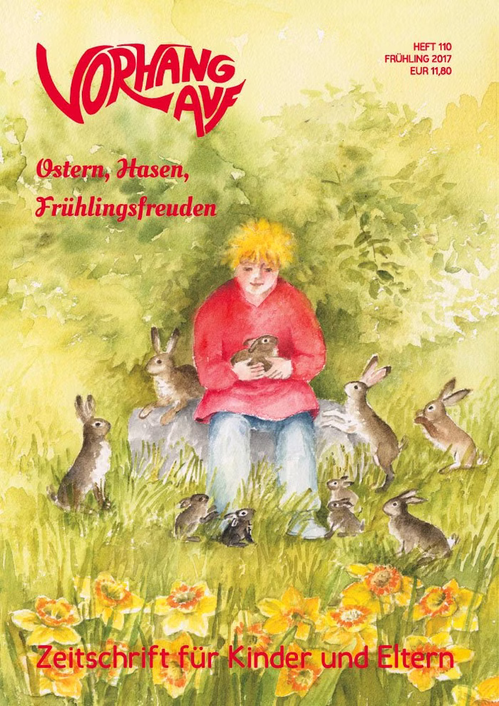 Waldow Verlag Jahresabo Vorhang Auf - Die Waldorf-Kinderzeitschrift 4 Ausgaben inkl. Porto_3220 International Die Zeitschrift "Jahresabo Vorhang Auf - Die Waldorf-Kinderzeitschrift" aus dem Waldow Verlag zeigt auf dem Titelblatt ein blondes Kind auf einem Felsen mit Hasen und gelben Blumen in einem Feld mit deutschem Text oben und unten. 4 Ausgaben inklusive Porto International