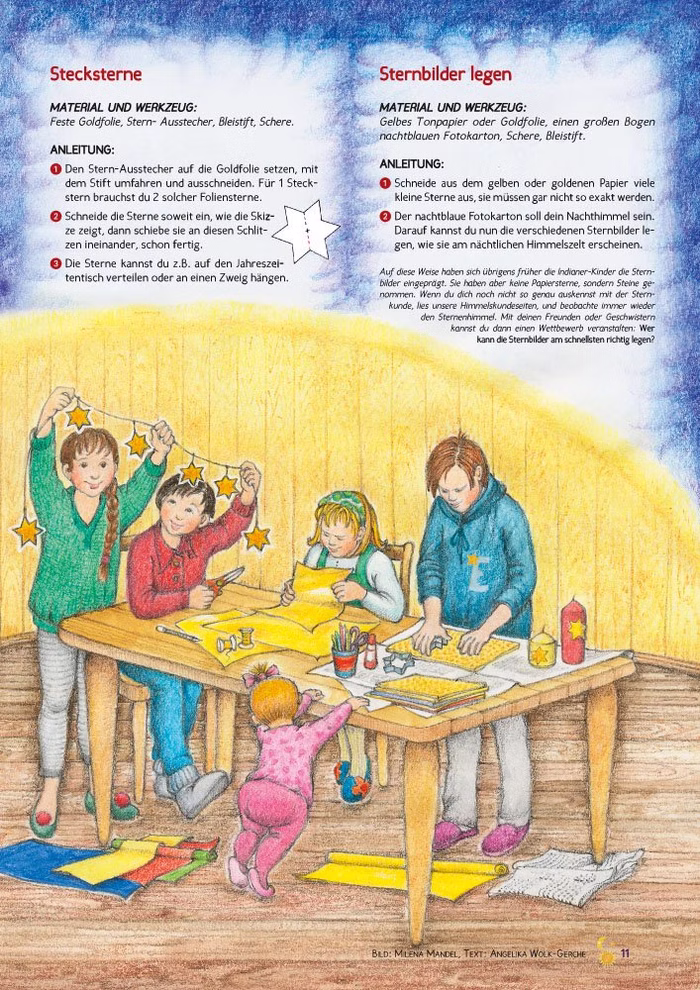 Waldow Verlag Jahresabo Vorhang Auf - Die Waldorf-Kinderzeitschrift 4 Ausgaben inkl. Porto_3225 International Kinder basteln an einem Tisch mit Goldpapier Scheren und Stiften Sterne - zwei Mädchen zeigen goldene Sterne an einer Schnur. Entdecken Sie kreative Aktionen wie diese im "Jahresabo Vorhang Auf" vom Waldow Verlag (4 Ausgaben inkl. Versand). International