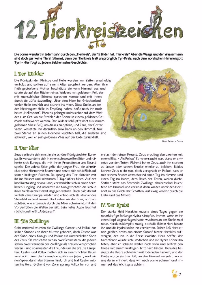 Waldow Verlag Jahresabo Vorhang Auf - Die Waldorf-Kinderzeitschrift 4 Ausgaben inkl. Porto_3226 International Das Jahresabo Vorhang Auf - Die Waldorf-Kinderzeitschrift (4 Ausgaben inkl. Porto) von Waldow Verlag enthält bunte Seiten wie "12 Tierkreiszeichen" mit dekorativem Titel Intro und Zeichnungen von Tieren und Figuren illustriert von Monika Obles. International