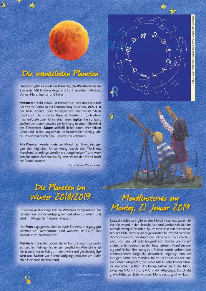 Waldow Verlag Jahresabo Vorhang Auf - Die Waldorf-Kinderzeitschrift 4 Ausgaben inkl. Porto_3227 International Eine Seite aus "Jahresabo Vorhang Auf - Die Waldorf-Kinderzeitschrift" aus dem Waldow Verlag zeigt Kinder mit einem Teleskop und Sternkarten dazu deutsche Texte über Planeten eine Mondfinsternis und Astronomie in Blau- und Gelbtönen. International