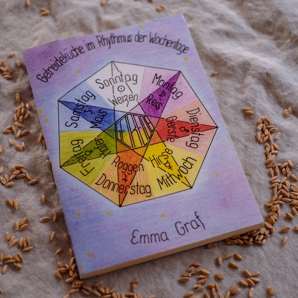 Michaels Verlag Getreideküche Im Rhythmus der Wochentage Emma Graf_3258 Das farbenfrohe Cover von "Getreideküche Im Rhythmus der Wochentage Emma Graf" aus dem Michaels Verlag zeigt ein siebeneckiges Diagramm das jeden Wochentag auf Deutsch mit einem Korn verbindet wobei verstreute Körner das Design aufwerten.