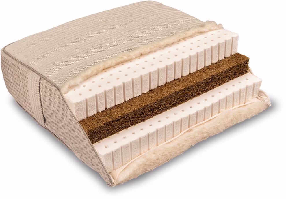 Baumberger Schlafkomfort Bio Matratze in 3 Größen aus Naturlatexschaum und Kokoslatex mit Wollbezug_3969 140x200 Ein Querschnitt durch die Baumberger Schlafkomfort Bio Matratze zeigt Schichten aus Naturlatexschaum und Kokoslatex sowie eine weiche Polsterung die von einem Wollbezug umhüllt ist. Erhältlich in 3 Größen. 140x200
