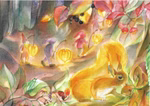 imagin Postkartenset Herbst 10-teilig Marie Laure Viriot_13708 Das imaginäre Postkartenset Herbst (10-teilig) von Marie Laure Viriot zeigt drei Gnome mit leuchtenden Laternen im bunten Herbstwald und ein orangefarbenes Eichhörnchen mit Nuss.