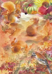 imagin Postkartenset Herbst 10-teilig Marie Laure Viriot_13710 Das imaginäre Postkartenset Herbst (10-teilig) von Marie Laure Viriot zeigt eine bezaubernde Herbstszene mit einem Eichhörnchen zwei Mäusen einem schlafenden Fuchs und einem Vogel zwischen leuchtenden Herbstblättern Beeren Früchten und Blumen in zarten Aqu