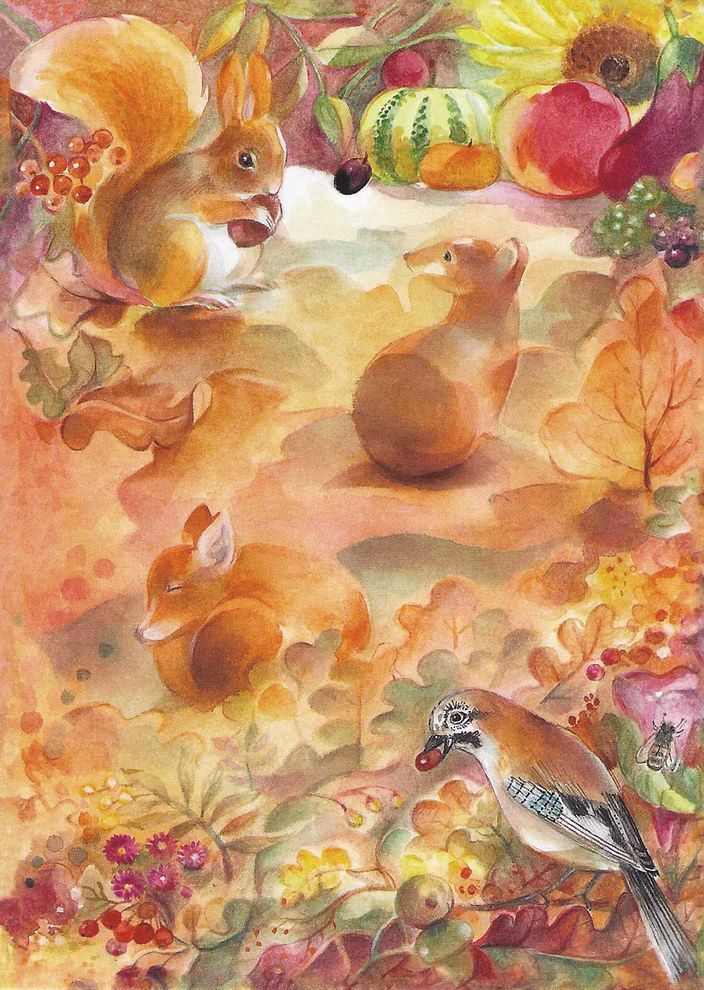 imagin Postkartenset Herbst 10-teilig Marie Laure Viriot_13710 Das imaginäre Postkartenset Herbst (10-teilig) von Marie Laure Viriot zeigt eine bezaubernde Herbstszene mit einem Eichhörnchen zwei Mäusen einem schlafenden Fuchs und einem Vogel zwischen leuchtenden Herbstblättern Beeren Früchten und Blumen in zarten Aqu