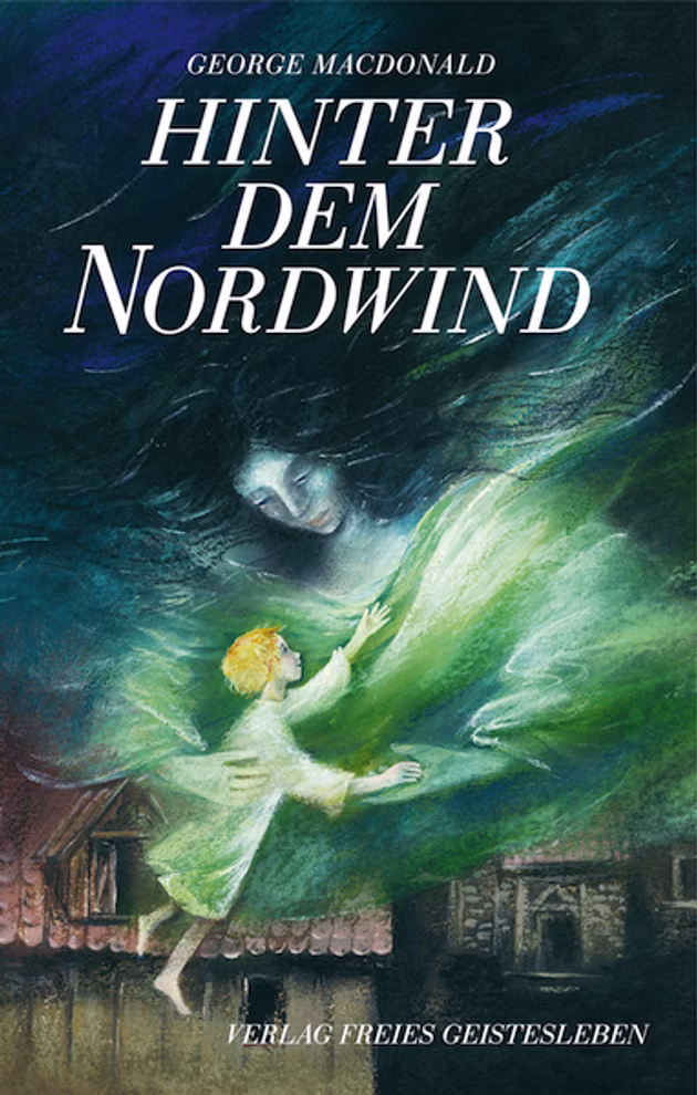 Freies Geistesleben Hinter dem Nordwind
George MacDonald
George MacDonald_7390 Das Titelbild von "Hinter dem Nordwind" von George MacDonald (Freies Geistesleben) zeigt ein Kind in einem grünen Gewand das sich vor Dächern und einem Sternenhimmel nach einer großen Geisterfigur mit wallendem Haar streckt. Der Titel ist prominent oben an