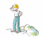 Freies Geistesleben Die Gorgel Jochem Myjer_7946 Eine Illustration aus "Die Gorgel Jochem Myjer" von Freies Geistesleben zeigt ein barfüßiges blondes Kind in einem weißen Hemd und einer blaugrünen Hose das im Sand steht sich am Kopf kratzt und über einen großen gestreiften Gegenstand am Boden rätselt.