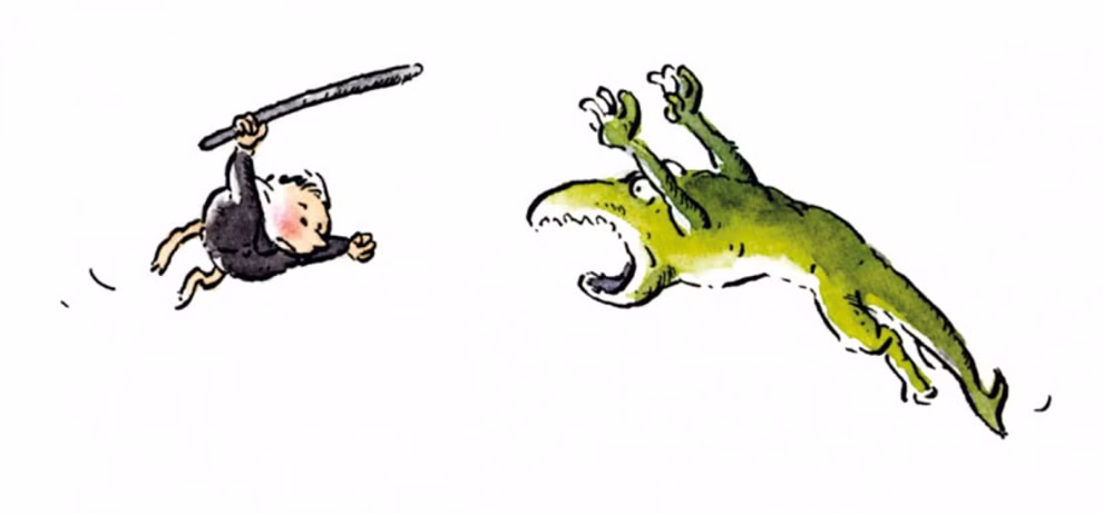 Freies Geistesleben Die Gorgel Jochem Myjer_7945 Ein Cartoon-Kind springt mit einem Stock auf ein grünes Krokodil mit offenem Maul zu das sich in der Luft befindet. Dies ist auf dem Cover von "Die Gorgel Jochem Myjer" von Freies Geistesleben abgebildet.