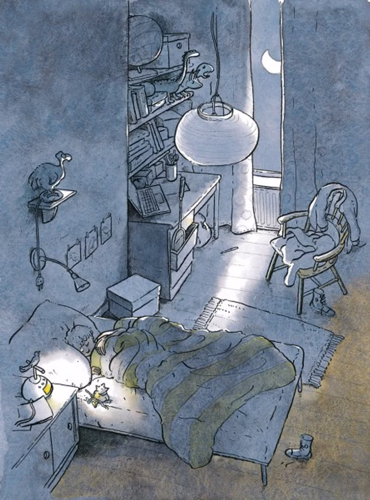 Freies Geistesleben Die Gorgel Jochem Myjer_7951 Ein Kind schläft in seinem Zimmer mit dem Buch "Die Gorgel Jochem Myjer" von Freies Geistesleben ein.