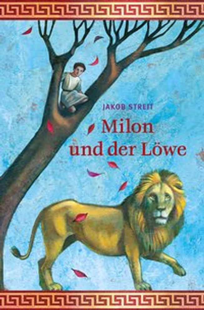 Freies Geistesleben Milon und der Löwe Jakob Streit_8071 Buchumschlag für Milon und der Löwe Jakob Streit von Freies Geistesleben mit einem Jungen in einem Baum mit roten Blättern und einem Löwen darunter vor blauem Hintergrund.