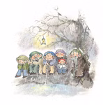 In einer Aquarellszene aus "Das große Virgilius-Tulle-Buch Paul Biegel" von Urachhaus kauern sechs Zwerge und ein Zwergenmädchen im Regen unter einem kahlen Baum mit einer Laterne darüber und sehen kalt und verloren aus.