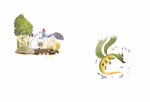 In "Die Mumins und der letzte Drache nach Tove Jansson" aus Urachhaus sitzt eine weiße nilpferdähnliche Mumin mit einer Tasse auf einem Felsen in der Nähe eines Busches und eines entfernten Hauses während sich in der Nähe ein grün-gelber Drache in den wirb