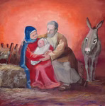 Urachhaus Mein kleines Weihnachtsbuch Bettina Werchan_24774 Das Cover von "Mein kleines Weihnachtsbuch" von Bettina Werchan (Urachhaus) zeigt Maria und Josef mit dem Jesuskind auf Stroh neben einem Esel vor einem warmen rot-orangenen Hintergrund.